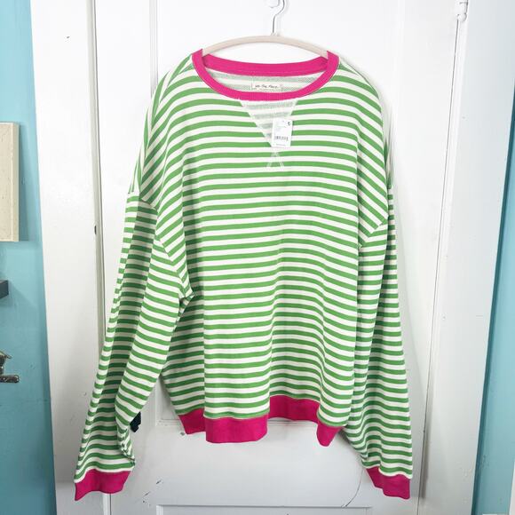 Free People Classic Oversized Striped Crewneck Sweatshirt Pink Clover Combo New - Picture 2 of 13